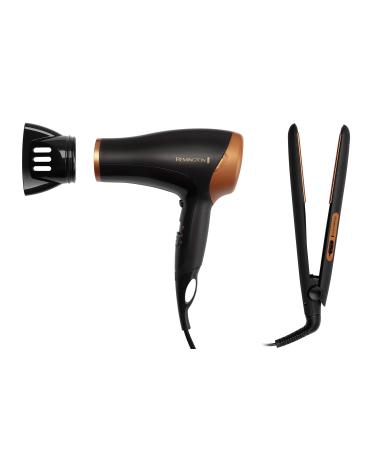 Remington Hair Care Gift Set - Ceramic Hair Straighteners and 2000 W Ionic Hair Dryer with Concentrator D3012GP Black/Bronze