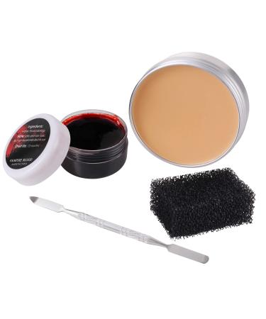 Yeweian Fake Blood Scar Wax SFX Makeup Kit  Fake Wound Modeling Scar Wax for Halloween Stage Monster Zombie Vampire Special Effects Makeup with Coagulated Blood Gel Spatula Stipple Sponge 50g(1.76Oz)