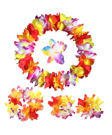 Hawaiian Leis Luau Tropical Headband Flower Crown Wreath Headpiece Wristbands Women Cute Floral Necklace Bracelets Hair Bands for Summer Beach Vacation Pool Party Decorations Favors Supplies Colorful