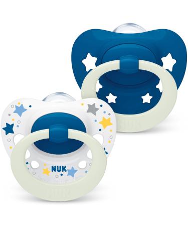 Nuk Signature Night Baby Casing |0 6 months |Calms 95 % of the babies |BPA-free silicone pacifier in heart shape |Lights up in the dark |With etui |Blue stars |2 pieces of 0-6m light effect blue