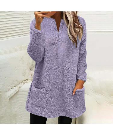 AMhomely Women's Plus Size Teddy Fleece Hooded Jumper - Purple, M | Soft Double Fleece Casual Hoodies with Pocket, V Neck Sweatshirt for Winter Lounge Wear - Buy Online on SooperMarket.com