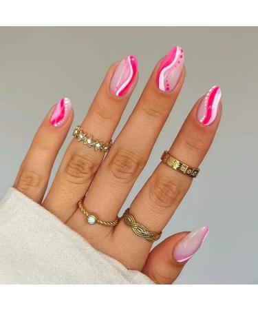 MISUD Round Press on Nails Short Fake Nails Pink Wave Point Oval Acrylic Nails Glossy Glue on Nails 24 pcs White Swirl Designs Cute False Nails Y0006