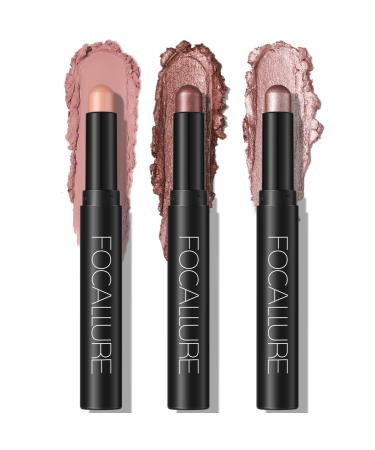 FOCALLURE 3PCS Cream Eyeshadow Stick Sets Matte and Shimmer Eye Brightener  Light to Dark Pink Pencil Long Lasting Waterproof Eye Shadow Highlighter Makeup Rose Hangover