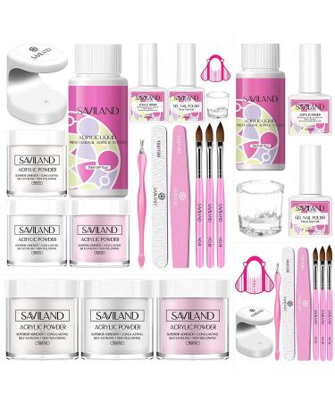 SAVILAND Acrylic Nail Kit with Mini Nail Lamp - Clear/White/Pink Colors Acrylic Powder and Liquid Set Acrylic Nail Brushes Primer Top Gel Professional Acrylic Nail Kit for Beginners DIY Nail Extension