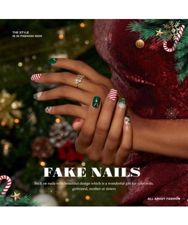 Vatocu Christmas False Nails - Short Red Press On Nails with Snowflakes, Elk, Snowman Design - 24pcs for Women and Girls - Buy Online on SooperMarket.com