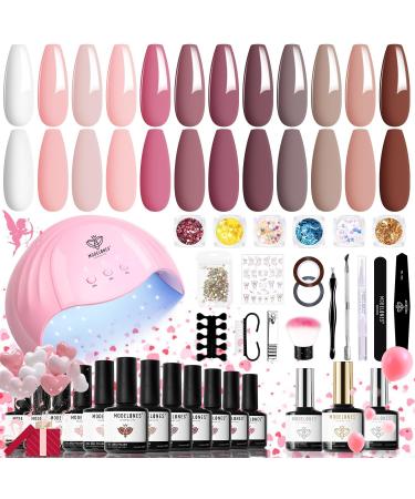 Modelones Gel Nail Kit with 48W Lamp - 12 Colors Pink Gel Nail Polish Set with Lamp Starter Kit UV LED Nail Lamp Glossy & Matte Top and Base Coat Manicure Tools for Beginner DIY at Home