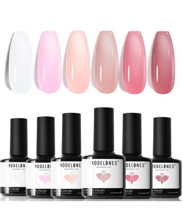 Modelones Gel Nail Polish 6 Colors Jelly Gel Polish White Nude Pink Gel Neutral Nail Art Design Summer Translucent Gel Nail Kits Soak Off LED Nail Lamp Cured Manicure Salon DIY Girls Women Gift White Pink