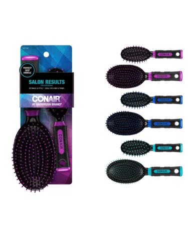 Conair Nylon Bristle Oval Cushion Hair Brush 2-Piece Set with Rubber-Grip Handles, Colors Vary (1 Compact for Travel and 1 Full-Sized) 2 Piece Brush Set