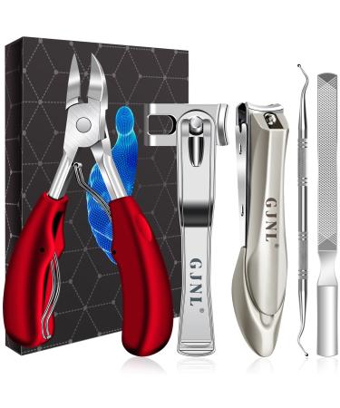 Professional footnail pliers set for thick nails - GJNL sharp nail tongs for thick & ingrown toenails 5 PCs pedicure set footnails nail scissors with cheek and nail file for seniors red toesnail clipper set
