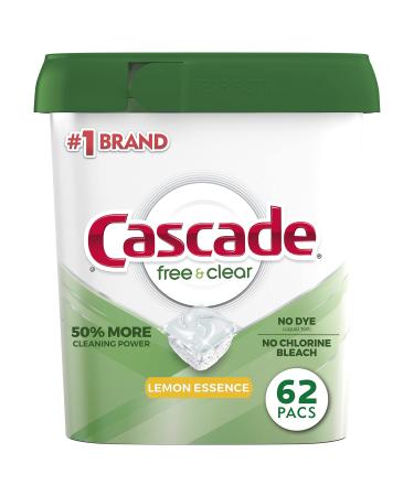 Cascade Free & Clear Dishwasher Pods, Actionpacs Detergent, Lemon Essence, 62 Count