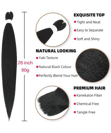 Xusuperb Pre-Stretched Braiding Hair 1B Black - 26 Inch EZ Braids Extensions (6 Packs) | Soft Yaki-Texture Kanekalon Hair for Braiding - Buy Online on SooperMarket.com