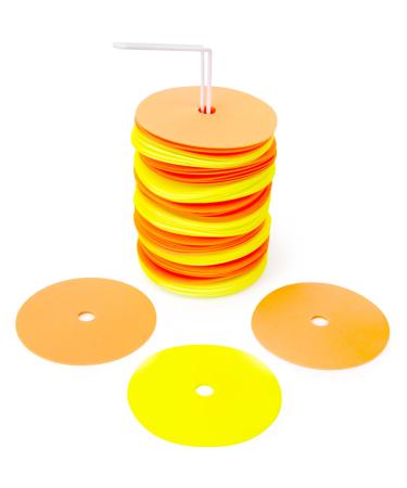 Crown Sporting Goods 6" Non-Skid Floor Spot Markers: Set of 50 Agility Training Flat Field Cones in Fluorescent Yellow & Orange with Metal Carrying Stand