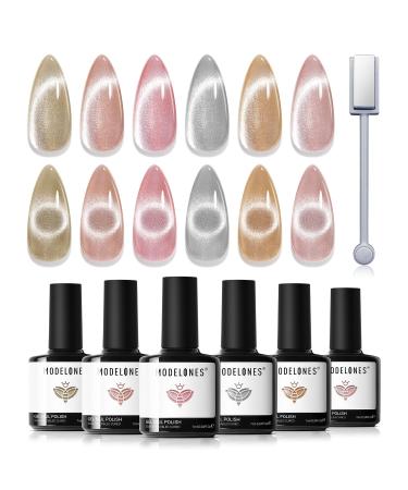 Modelones Cat Eye Gel Nail Polish Set 6 Colors Holographic Sparkle Nude Pink Gel Polish Glitter 9D Magnetic Gel Polish Brown Gel Polish with Magnet Nail Art DIY Salon For Women