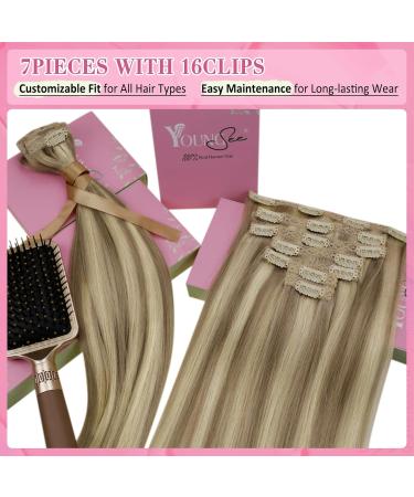 Youngsee 40 cm Clip In Extensions - Real Remy Hair Light Brown & Blonde 120g (7 Pieces) - Buy Online on SooperMarket.com