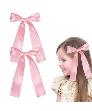 2 Pack Hair Bows for Girls and Women Large Bow Hair Clips Hair Barrette with Long Silky Satin Pink Hair Accessories for Girls(Pink)