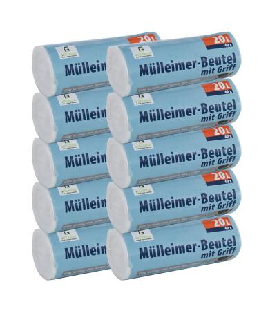 400 pieces of garbage bag Premiumline: 20 liters 10 pack size: 50 x 51 cm - particularly tear -resistant and waterproof - with a stretcher handle/handle 20 liters 400 pieces (1 Pack)