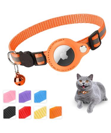 Mouyou Airtag cat neck band Airtag collar cat soft nylon reflective with bell and safety clasp tracking cats collar with holder airtag case adjustable from 22-34cm orange