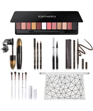 All in One Makeup Kit, Includes 12 Colors Naked Eyeshadow Palette, 5 Pcs Makeup Brush Set, Eyebrow Pencil, 2 Color Eyeliner Pencils, Lash Mascara & Cosmetic Bag, Makeup Set for Women & Teens