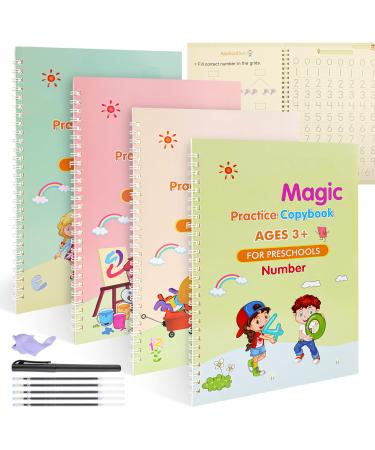 Funvce English magic exercise book 4 pieces reusable magical booklet writing aid for pen children learn alphabet athematics numbers and drawings