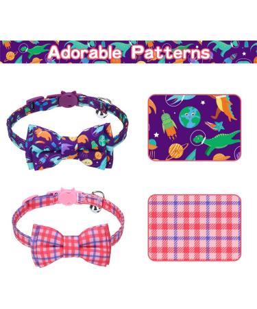 EXPAWLORER Breakaway Cat Collar 2 Pack with Bow tie and Bell - Cute Kitten Safety Collars - Plaid Dinosaur Universe Pattern Purple - Buy Online on SooperMarket.com