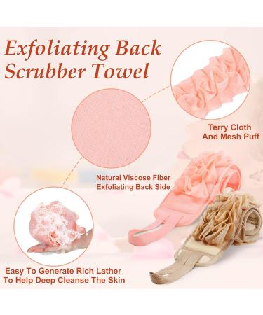 2 Pack Exfoliating Back Scrubber | Double Sided Cloth with Strap | Long Body Scrub Sponge for Deep Clean | Shower Loofah with Handle | Women Men | Pink Khaki Soft Cloth - Buy Online on SooperMarket.com