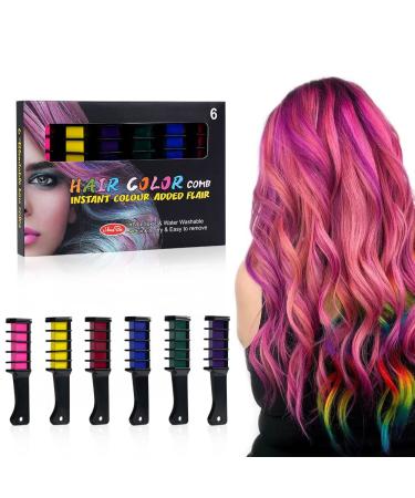 AOOWU 6 Colors Hair Chalk Comb Temporary Hair Color Chalk Comb Set for Girls Kids Safe Non-Toxic Washable Hair Dye Hair Color Brush Hair Color Dyeing Tool for Halloween New Year Party Cosplay