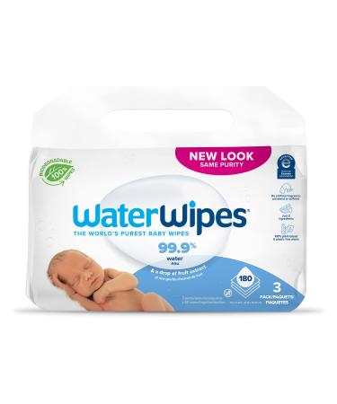 WaterWipes Original Baby Wipes 99.9% Water Unscented & Hypoallergenic for Sensitive Newborn Skin 3 Packs (180 Count)