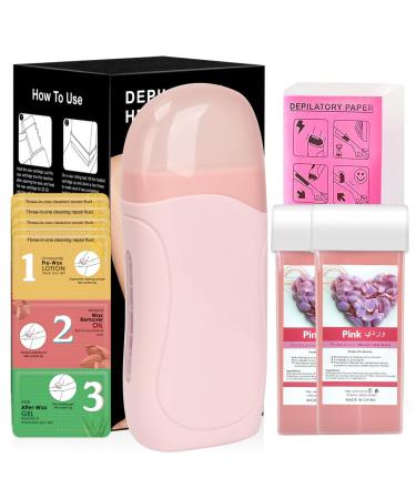 Waxing Kit Roll on Wax Warmer Kit for Women & Men Sensitive Skin Include 2 Rose Wax Cartridge 100 Wax Strips 10 Wipes Pink