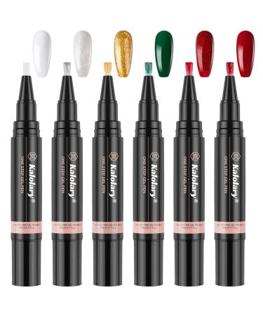 Kalolary 6 Colors Nail Polish Pen Christmas 3 IN 1 One Step Nail Gel Pen Brush for Nail Art DIY Drawing Polish Pen DIY Home Salon(No Need Base and Top Coat)