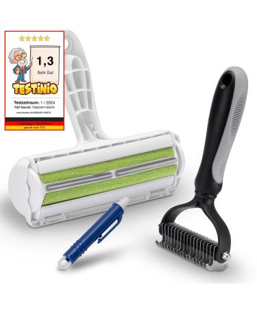 Finopet 3 Set Dog brush cat brush XL lint roller and tick tongs in the action set long hair and undercoat fur brush animal hair remover automatic tick removal