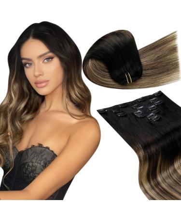 LaaVoo Ombre Clips in Human Hair Extensions Brown Hair Extensions Human Hair Clips Black Brown Balayage Caramel Blonde Invisible Extensions Clip in Human Hair 40cm 7pcs 105g #1b/4/27 40cm-105g 4.2#1b/4/27