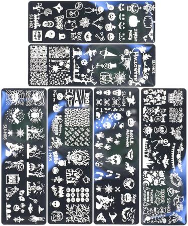 6Pcs Halloween Nail Stamp Plates Set with Various Patterns Spider Webs Pumpkins Bats Skulls DIY Print Manicure Salon Design Perfect Halloween Nail Decoration for Professional DIY Salon - Buy Online on SooperMarket.com
