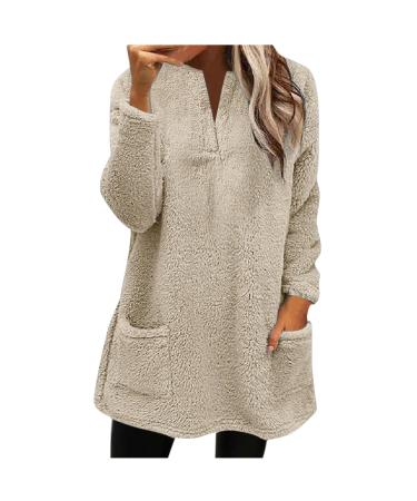 AMhomely Ladies Womens Soft Teddy Fleece Hooded Jumper Plus Size Double Fleece Casual Hoodies With Pocket V Neck Soft Fleece Hooded Sweatshirts Plain Pullover Tops Winter Lightweight Lounge Tops 02 Khaki XXL