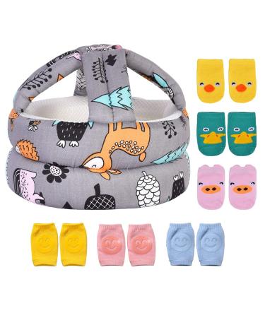 Umtiti Baby Adjustable Safety Helmet Lightweight and Soft Infant Head Protector with 3 Pairs Baby Knee Pads for Crawling & 3 Pairs Baby Socks Soft Head Guard for Baby. Forest Gray+6 Forest Grey