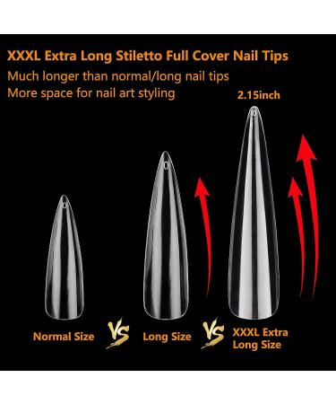 360Pcs Clear XXXL Stiletto Acrylic Nail Tips - Professional Full Cover Fake Nails - Nail Extension Kit for Salon & Home DIY Nail Art - 12 Sizes - Buy Online on SooperMarket.com