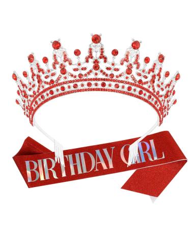 AOPRIE Birthday Girl Sash for Women Guardian Soldiers Birthday Crown for Women Birthday Tiara for Women Birthday Girl Headband Princess Crown Rhinestone Happy Birthday Accessories Red