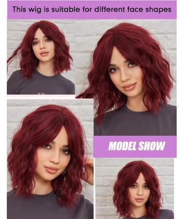 WOKESTAR Bob Curly Wig - Short Synthetic Wavy Wine Red Wig for Women, 12 inch with Fringe - Buy Online on SooperMarket.com