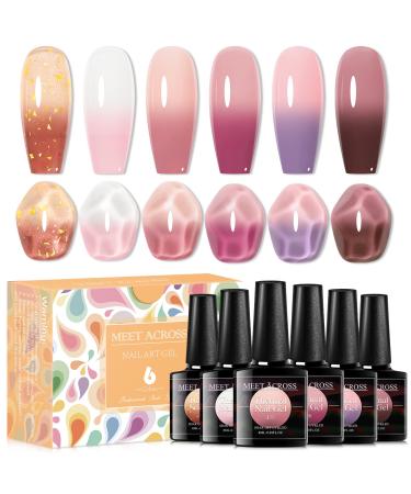 MEET ACROSS Jelly Pink Color Changing Gel Nail Polish Translucent Nude Pink Mood Temperature Change Gel Polish Set White Pink Red Purple Amber Gold Foil Transparent Crystal Gel Nail Polish