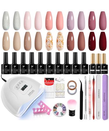 Gel Nail Polish Kit Phoenixy 10 Colors Soak Off Autumn Gel Nail Polish Set with 80W UV/LED Nail Lamp Base Glossy Matte Top Coat Gel Nail Polish Starter Kit Gift for Women Autumn colors