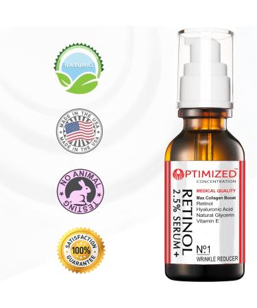 Retinol Serum 2.5% with Hyaluronic Acid, Vitamin E - Reduce Wrinkles, Even Skin Tone - Collagen Boost - 1 fl oz - Buy Online on SooperMarket.com