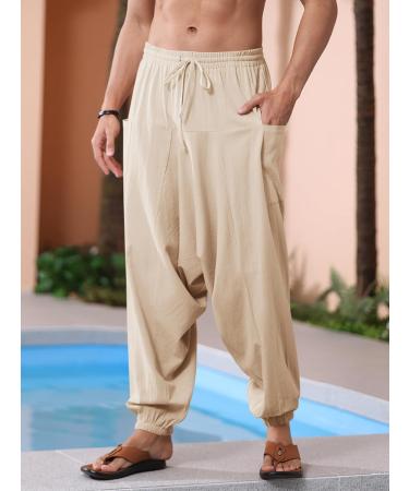 Runcati Men's Cotton Harem Pants - Baggy Hippie Casual Linen Yoga Pants for Beach - Low Crotch Trousers in Brown M - Buy Online on SooperMarket.com