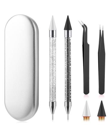 Andibro Rhinestone Picker Tool Set Dual-end Diamond Dotting Pens Wax Pencil Acrylic Pickup Kit for Nail Gems Stones DIY Nail Art Crafts 2 Dotting Pen 2 Wax Tip 2 Nail Art Tweezer(Black+White)