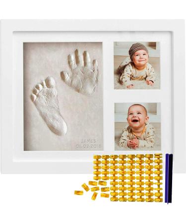 Co Little Baby Handprint & Footprint Kit (Date & Name Stamp) Clay Hand Print Picture Frame for Newborn - Best New Mom Gift - Foot Impression Photo Keepsake for Girl & Boy - White Feet Imprint Mold