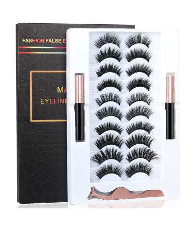 BILEYCHA Upgrade 3D Natural Magnetic Eyelashes Lightweight Magnetic Eyeliner and Eyelashes Kit  2 Magnetic Eyeliners- No Glue Needed (10 pairs)