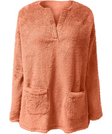 Womens Plus Size Teddy Fleece Hooded Jumper | Soft Double Fleece Hoodie with Pocket | V Neck Pullover Top for Winter | Orange Lounge Sweatshirt - Buy Online on SooperMarket.com