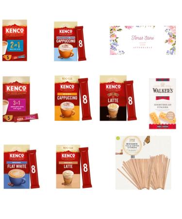 Temas Kenco Instant Coffee Bundle 2 in 1 3 in 1 Flat White Cappuccino & Latte (42 Sachets) | Walker s Shortbread Fingers | Wooden Tea & Coffee Stirrers | Unsweetened Taste | Bailey's