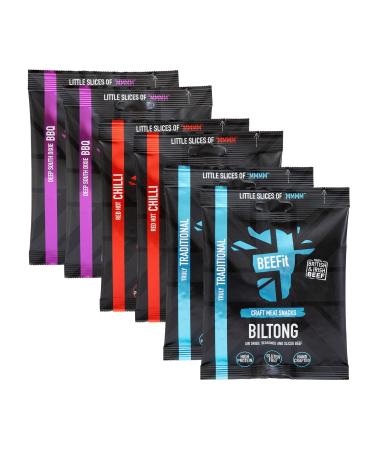 BEEFit Biltong Beef Jerky | Flavour Fest - Traditional Red Hot Chilli & BBQ | 6x30g (2 of Each Flavour) | High Protein | Gluten Free | Keto Friendly