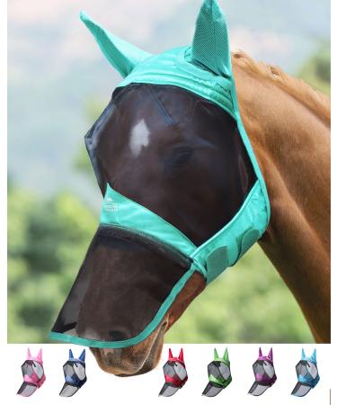 Harrison Howard CareMaster Pro Luminous Horse Fly Mask Long Nose with Ears UV Protection for Horse Summer Mint M Cob Cob (Medium) Summer Mint