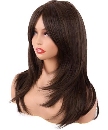 MapofBeauty 20 Inch Long Layered Synthetic Shoulder Length Wig with Bangs - Brown for Daily Use or Parties - Buy Online on SooperMarket.com