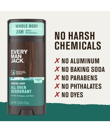 Every Man Jack All Over Deodorant - 24 Hour Whole Body Odor Protection - Aluminum Free - Coastal Surf Scent 2.6 oz (1 Pack) Coastal Surf 2.6 oz (Pack of 1) - Buy Online on SooperMarket.com